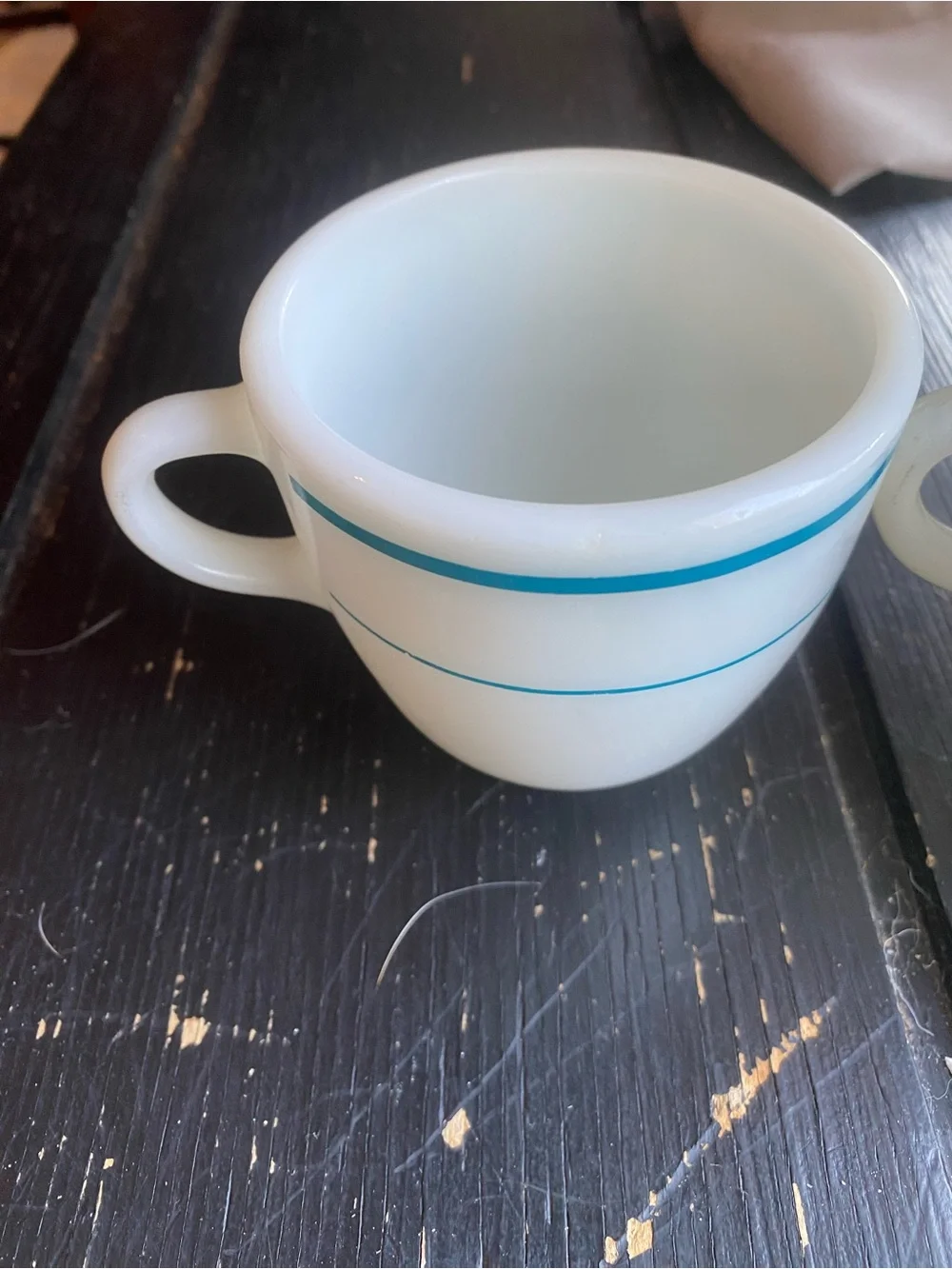 Pyrex White Milk Glass Coffee Cups with Turquoise Blue Stripe - Set of 2